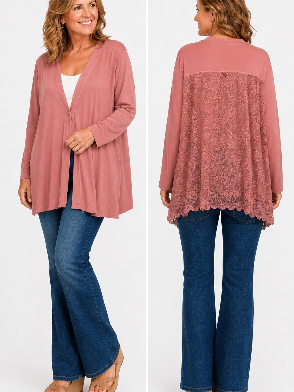 LOGO Lori Goldstein Soft Cardigan Womens 2X Rose Lace Back Topper Shirt Stretch